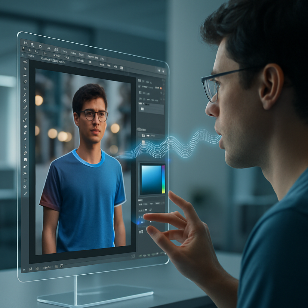 A person editing a photo with voice commands on a futuristic interface.